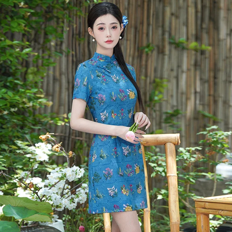 

Modern Oriental Office Vintage Qipao Women's Blue Floral Cheongsam Short Sleeve Work To Weekend Dress