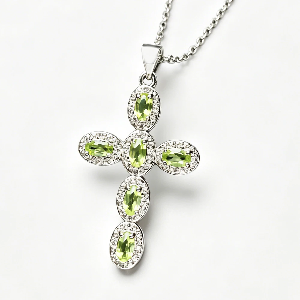 

100% Natural Peridot Cross Pendant Necklace Gemstones 3*5mm for Women Lady Birthday Party Fine Jewelry Gift Daily Wear