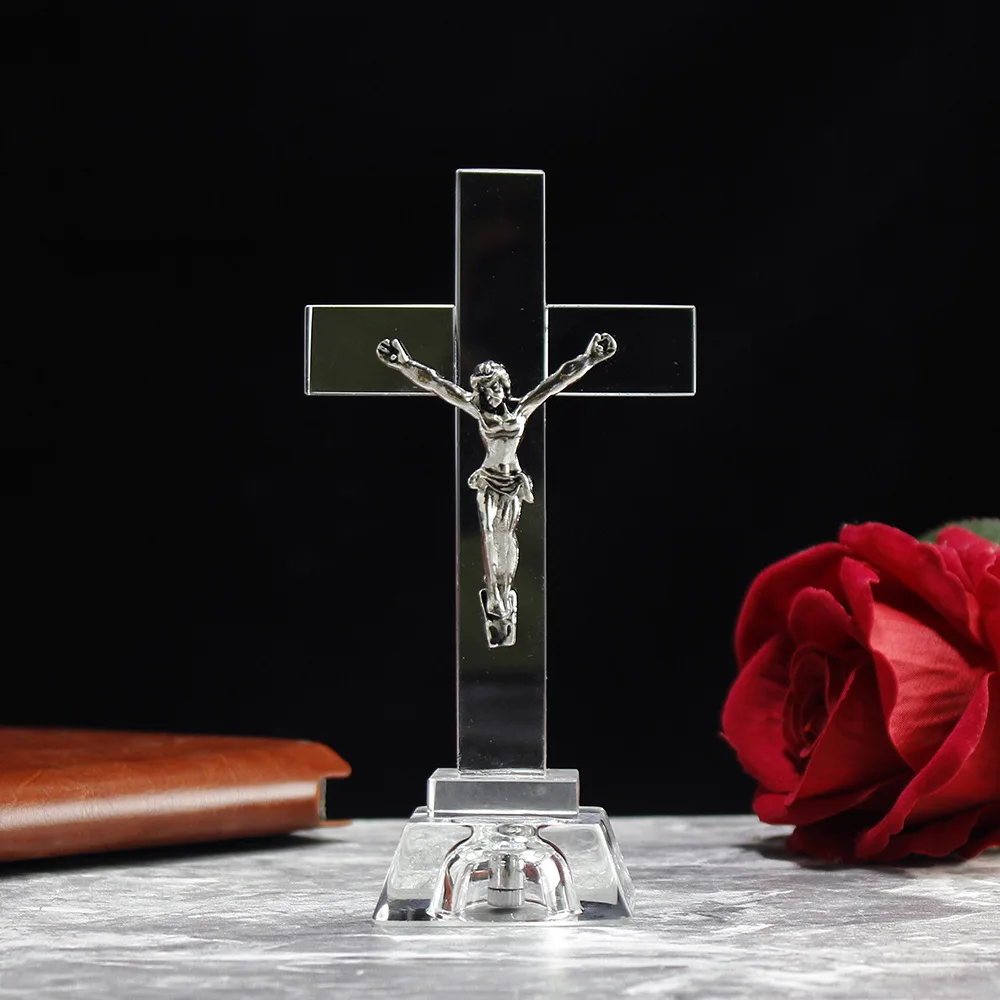 Glowing Crystal Cross Decor - LED Light Up Glass Figurine, Small Desktop Religious Gift Memorial Keepsake for Home Blue
