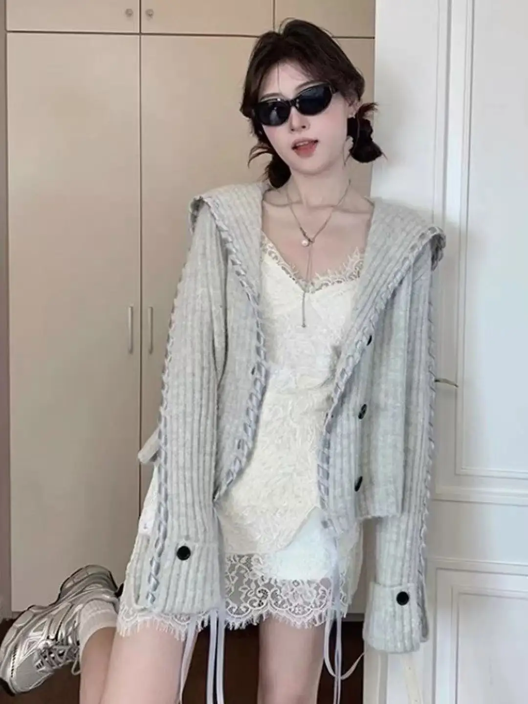 الكورية Sle طويلة Sve بدوره إلى أسفل طوق محبوك سترة المرأة الخريف الشتاء جديد Sle سترة مفتوحة مخطط Dstring Na... #4