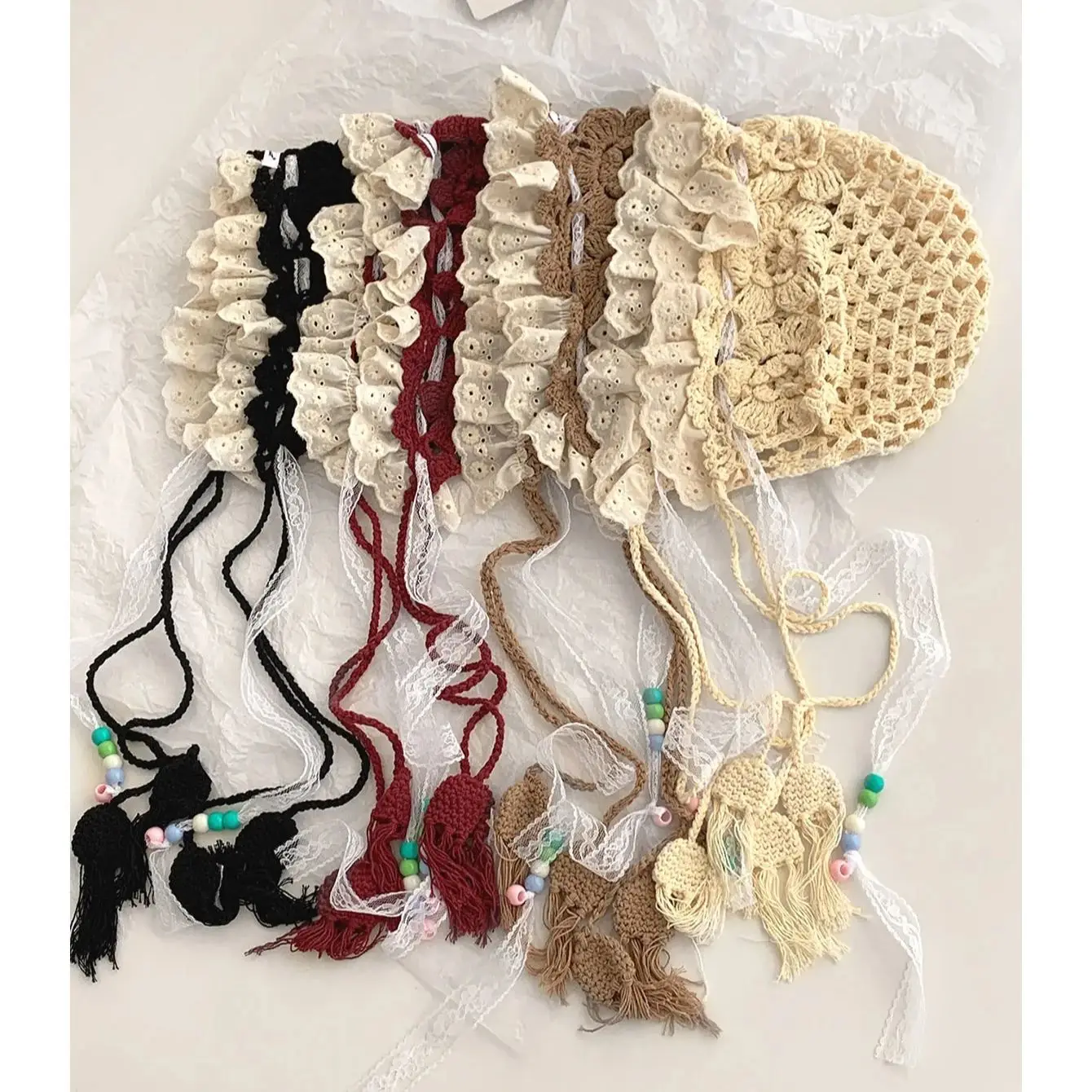 

Cute and Sweet Handmade Crochet Lace Knitted Hat Women, Bohemian Ethnic Style Travel Versatile Hollow Tassel Lace Ribbon Hood