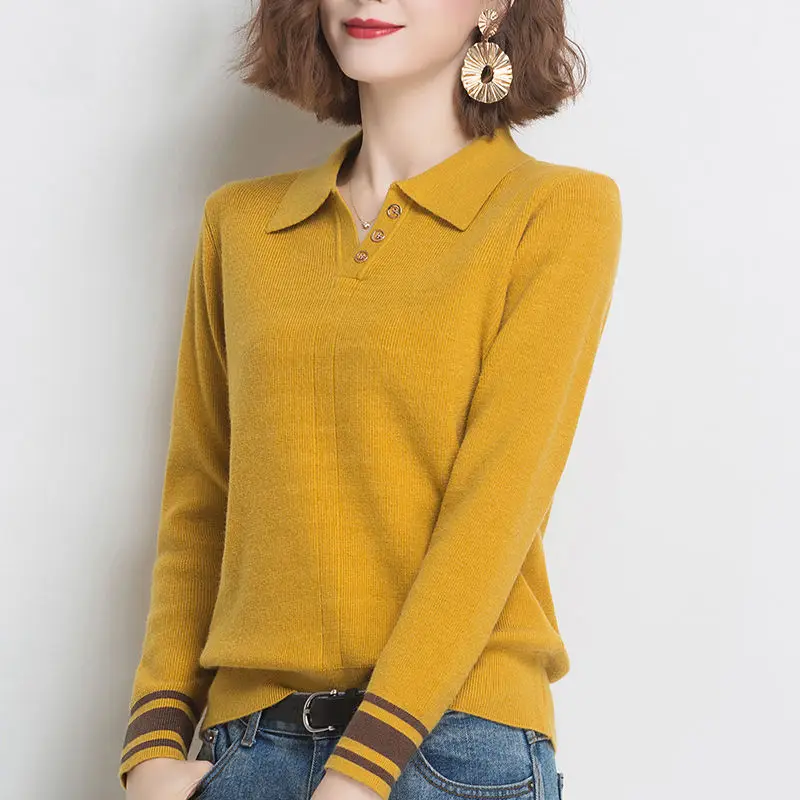 Turn-down Collar Sweater Ladies Autumn New Long Sleeve Knitting Top Tee Winter Loose Simplicity All-match Buttons Pullovers Tops