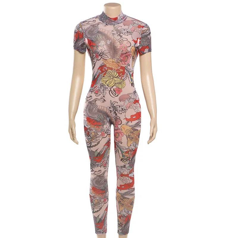 Women Backless See Through Jumpsuit Dragon Print Short Sleeve Fitness Activity Workout Overalls Slim Stretch Clubwear