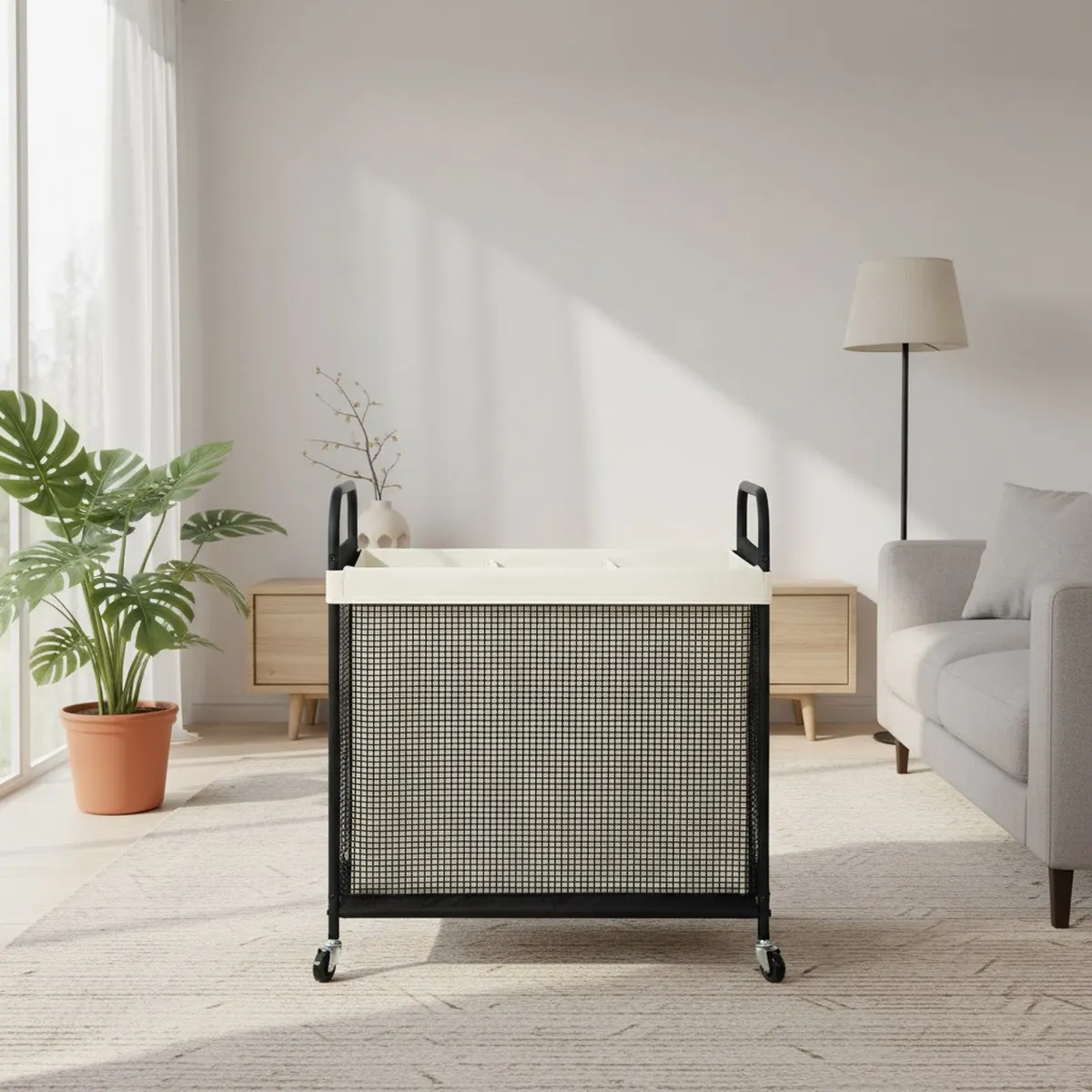 Large Rolling Laundry Basket 3 Compartments Collapsible Fabric Sorter with Wheels and Handle