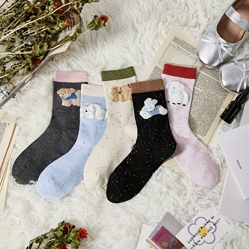 5Pairs Mixed Color Autumn Winter Korean Style Fleece Cartoon Dog Mid-Calf Socks for Women Cute Spot Pattern Warm Retro Color Blo