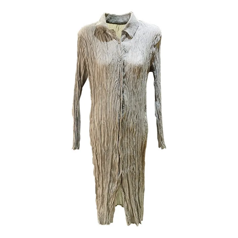 Miyake-vestido plisado para mujer, vestido camisero de Color sólido con pliegues de sentido para personas mayores, falda de longitud media plisada con solapa fina de verano 2025