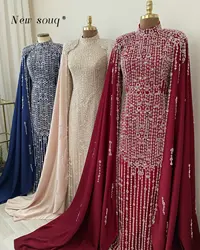 3 Colors Muslim Cape Sleeves Beaded Evening Dresses Dubai Arabic Long Straight Formal Gowns for Women Wedding Party 2024