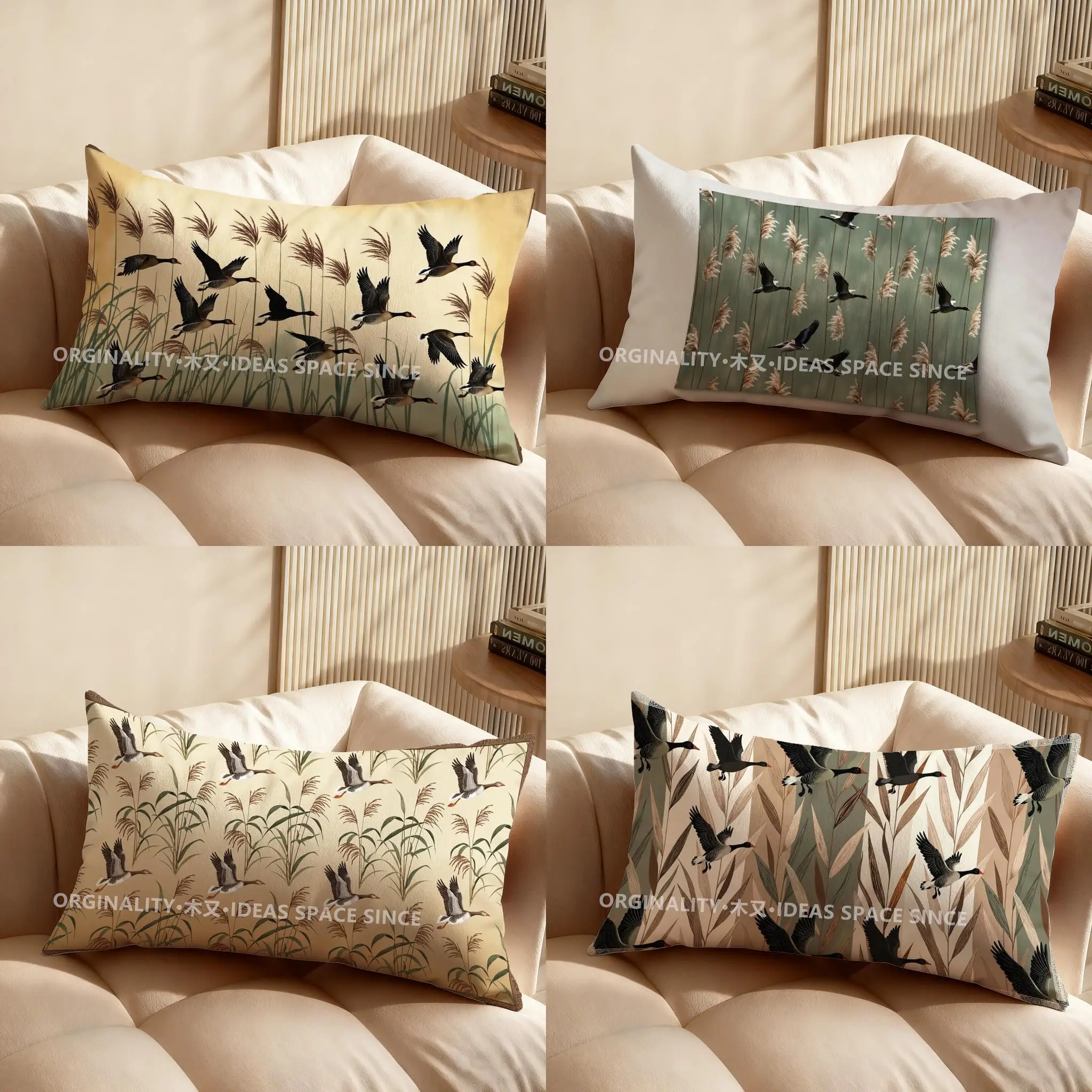 

Декоративная подушка с 2D изображением летящих гусей на тростнике, подходит для дивана, спальни, автомобиля, прямоугольная подушка для спины