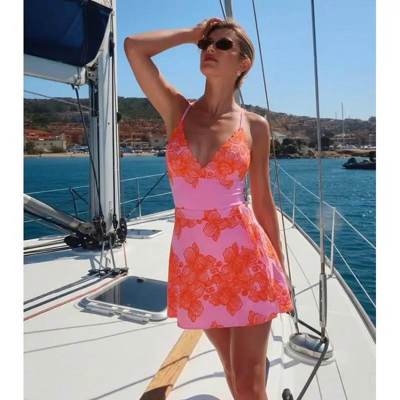 

Flaxmaker 2025 Sexy V Neck Summer Swimsuit Sets Adjustable Shoulder Straps Pink Printed Swimsuit Party Swimwear Beachwear