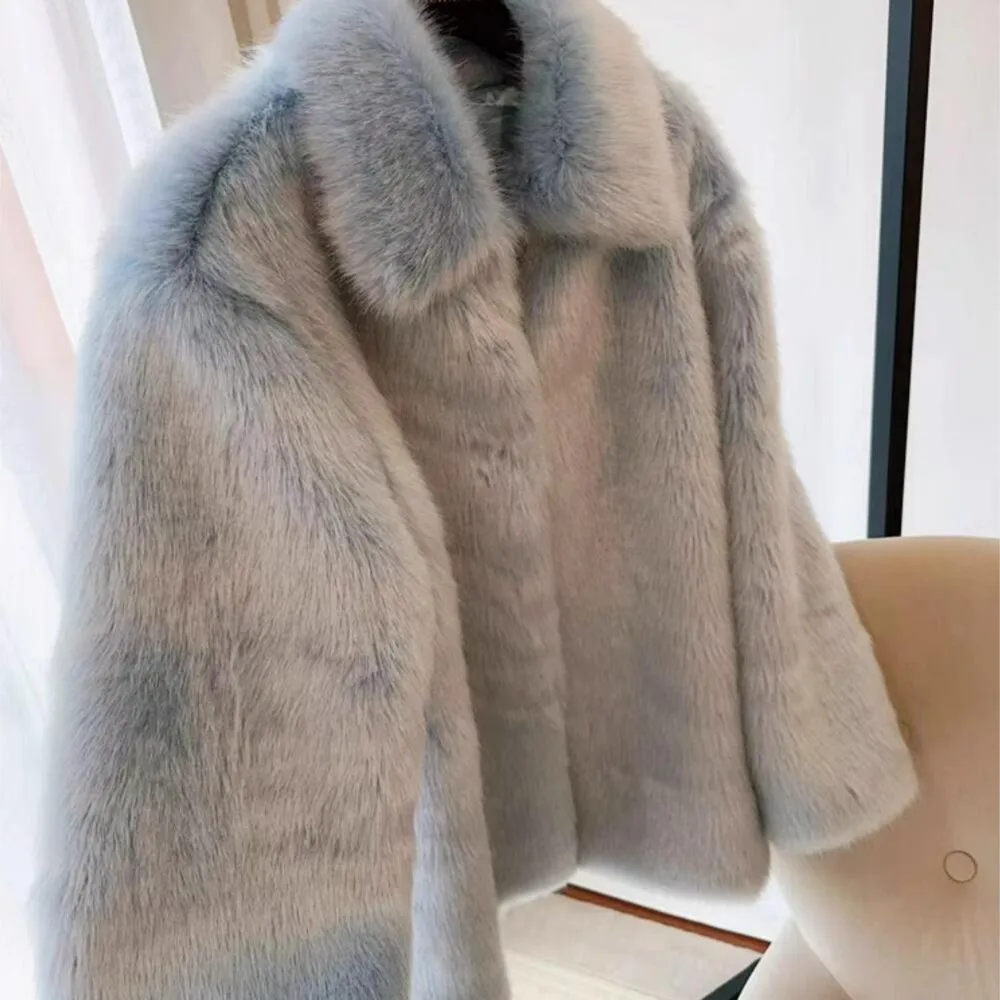 2024 Winter Aqua blue Lapel Hairy Shaggy Faux Fur Coat Vintage Women Covered Buttons Full sleeve Loose Furry Midi Long Outerwear