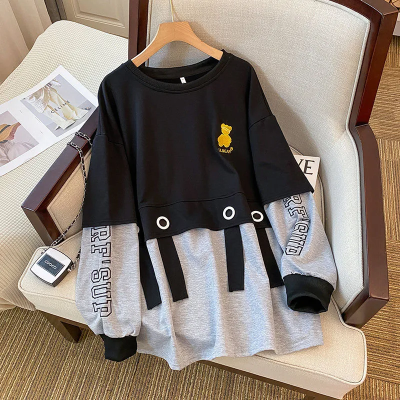 New Spring Fashion Design Sense Small and Fake Two Piece Spliced Round Neck Loose Large Size Versatile Slim Long Sleeve Sweater