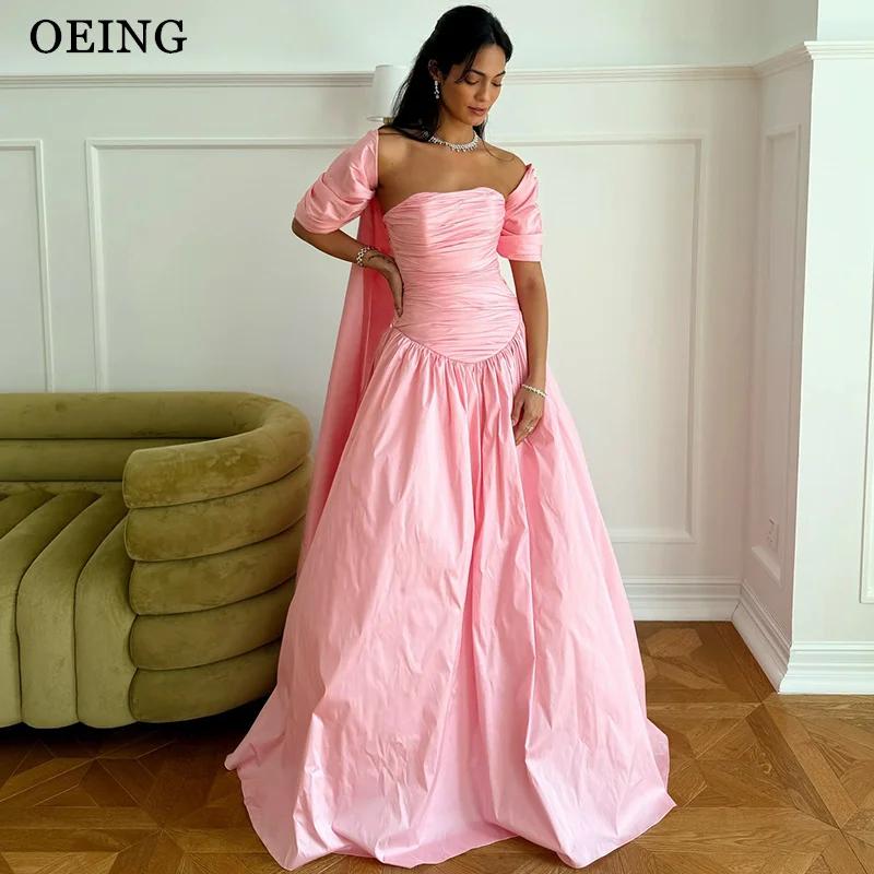 

OEING Simple A-Line Pink Prom Dresses Strapless Pleats Party Gowns With Cape Floor Length Evening Dresses 2025 Customized