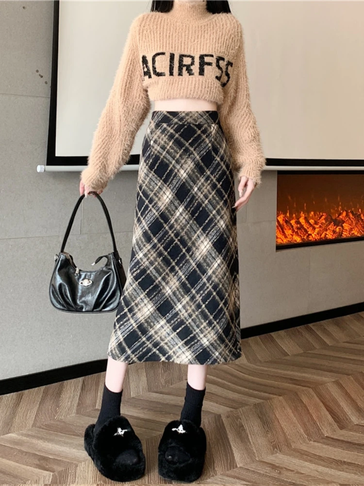 Retro Red Plaid Woolen  Skirt Women's Spring Autumn plus Size Design Sense Back Split Long Skirt Wrap Arm Skirt
