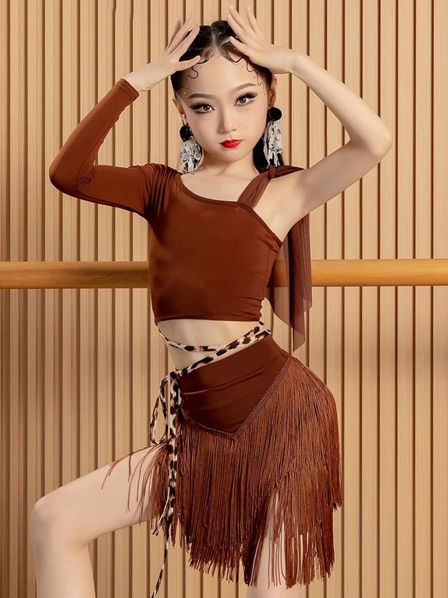 

Summer Kids Latin Dance Dress Girls Brown Tops Fringe Skirt Cha Cha Rumba Samba Dance Practice Clothing Show Costume DNV20032