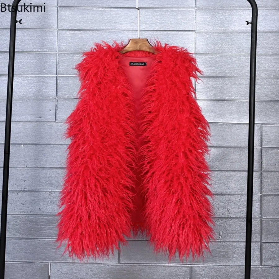 New Women's Middle Long Fluffy Colorful Mongolia Sheep Fur Vest Autumn Winter Sleeveless Faux Fur Jackets Luxury Warm Waistcoats 5