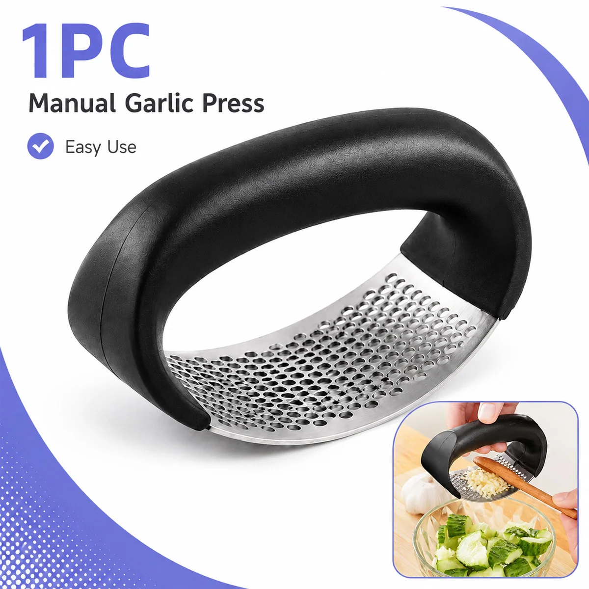 1PC Garlic Mincer Press Stainless Steel Rocker Crusher Manual Garlic Tool Comfortable Handle Easy Cleaning Kitchen Cooking Gadge