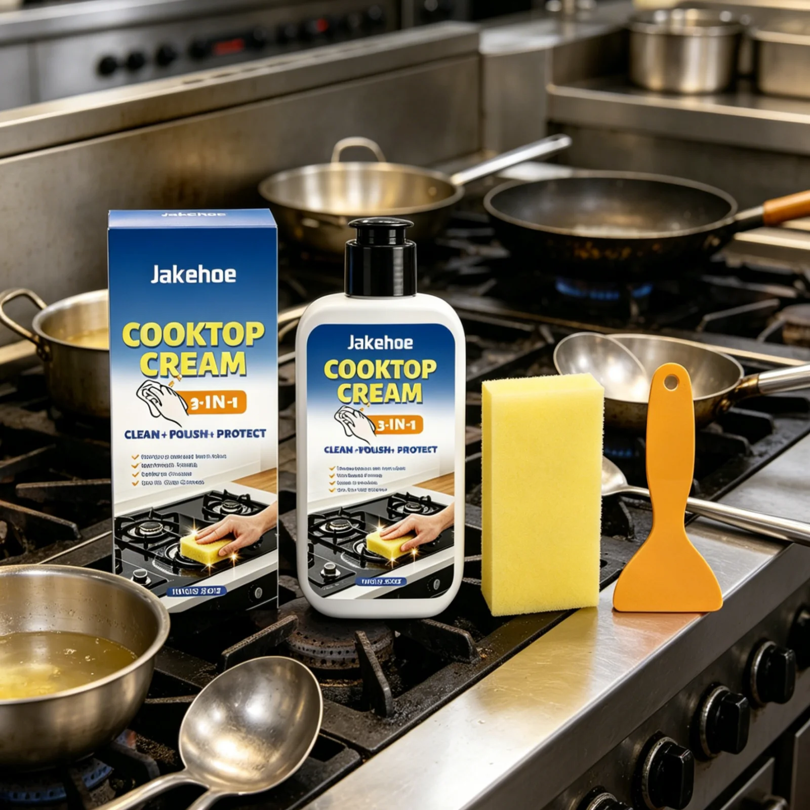 Jakehoe Cooktop Cleaner Cream Deep Cleaning Remove Grease Tough Dirt Removal Gentle Formula Kitchen Stove Cleaner with Tool 100g