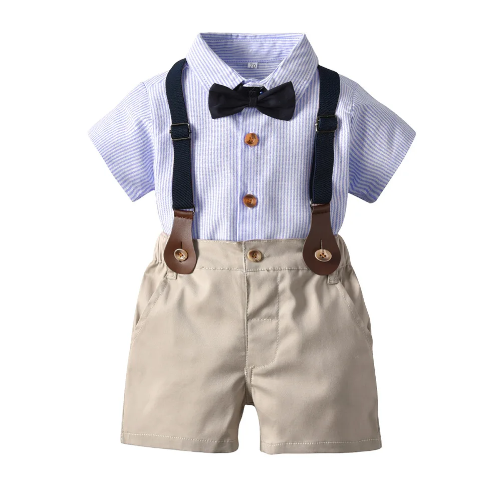 

Kid Boy Summer Outfit Two Piece Set Striped Short Sleeve Shirt Pants Suspender Black Bow Tie Children Formal Event Multi Color