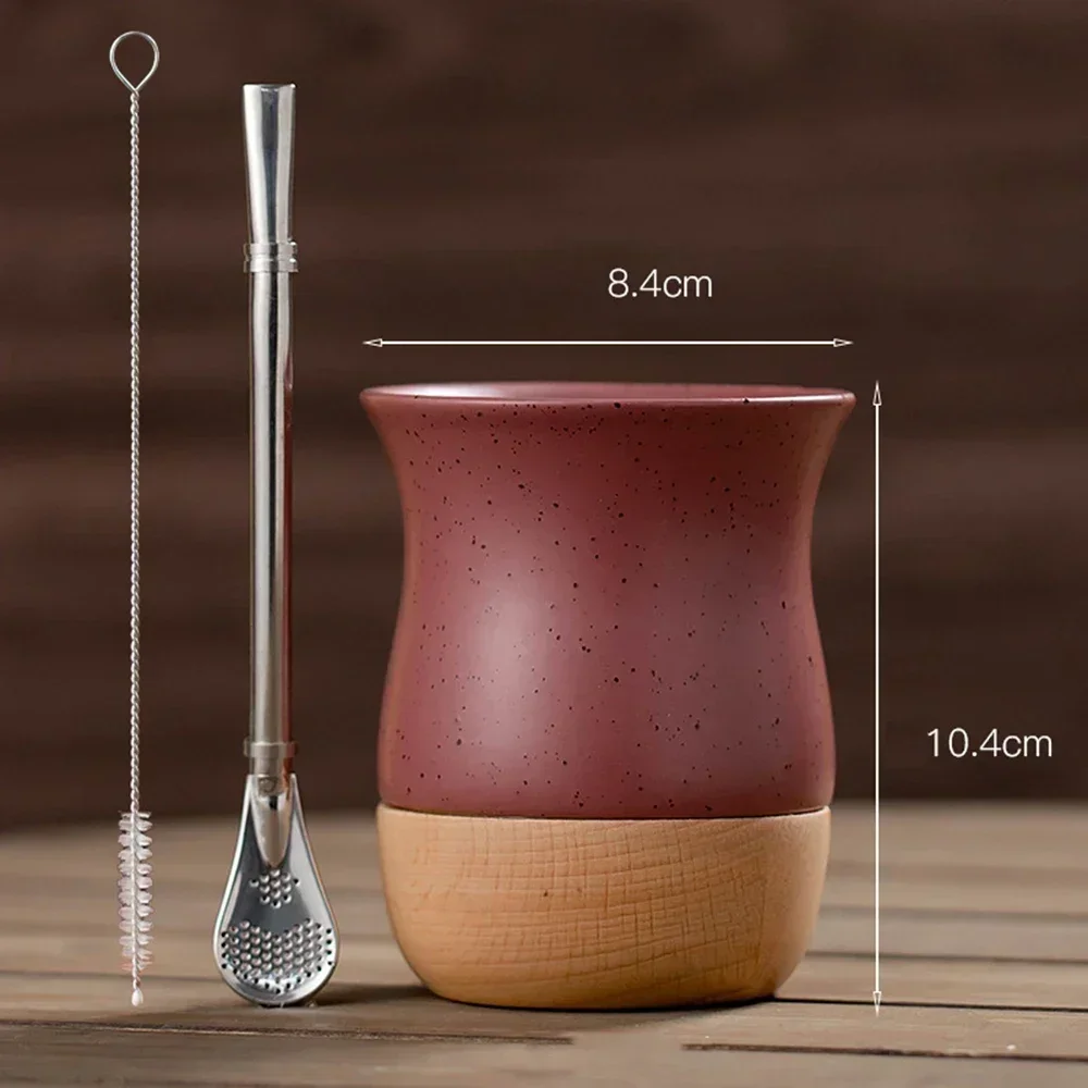 260ml Creative Yerba Mate Cup for Drinkware Gifts Stainless Steel Ceramic Coffee Mugs Straw Spoon Wood Base Milk Water Tea Cup