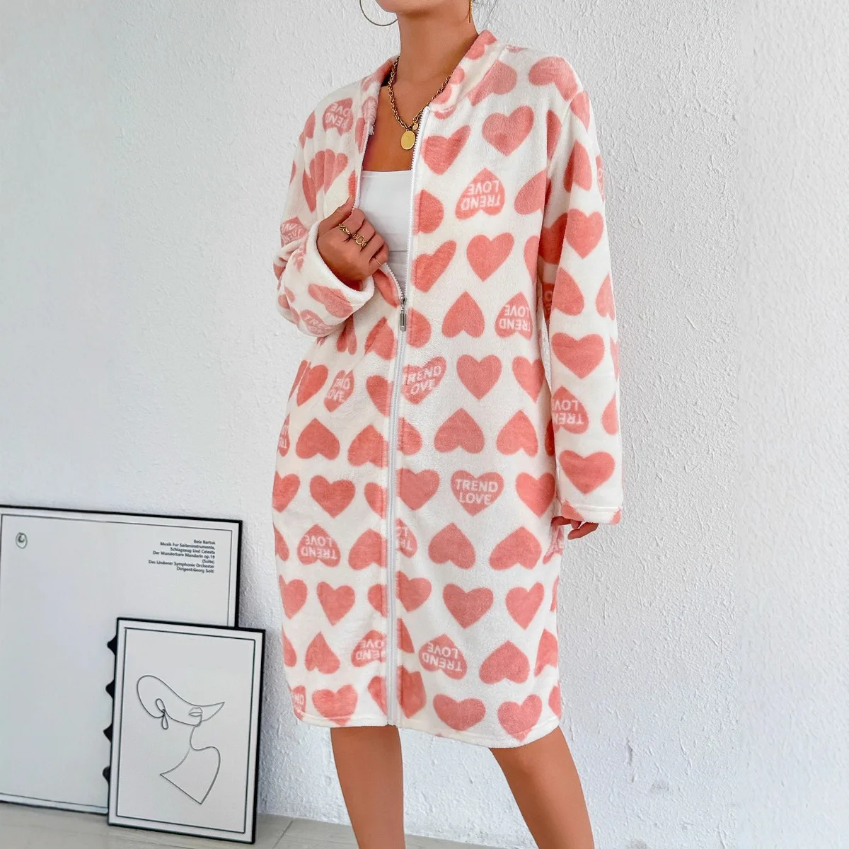 Vestido de noche con cremallera para mujer, ideal para el invierno, con forro polar suave, cuello alto, largo hasta la mitad de la pantorrilla, bata holgada para dormir, ropa de estar en casa.