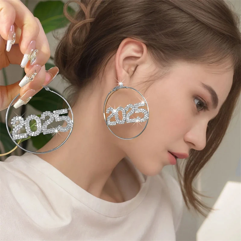 1pc 2025 Ring Earrings Fashion Full Rhinestone Digital Earrings Copper Material New Year Party