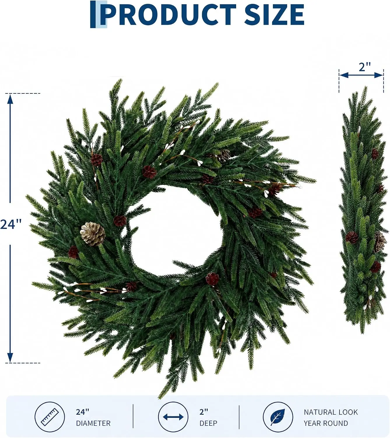 24 Inch Mixed Pine Artificial Christmas Wreath with LEDs and Timer 20 Lights 8 Lighting Modes Cypress and Pine Cones Battery Operated Pre Lit Xmas Decor for Front Door Wall and Fireplace 2