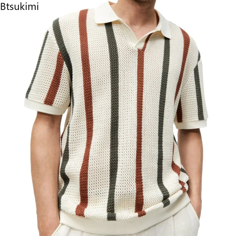 2024 Summer Men\'s Fashion Hollow Out Knitted Polo Shirts Striped Contrast Color Design Business Casual Knitwear Pullover for Men