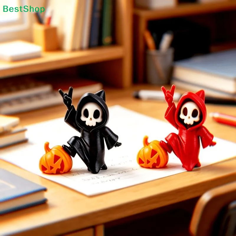 1Pcs Halloween Skeleton Ghost Figurine With Pumpkin Decor Cute Hooded Skull Statue For Home Desktop Party Ornament Gift