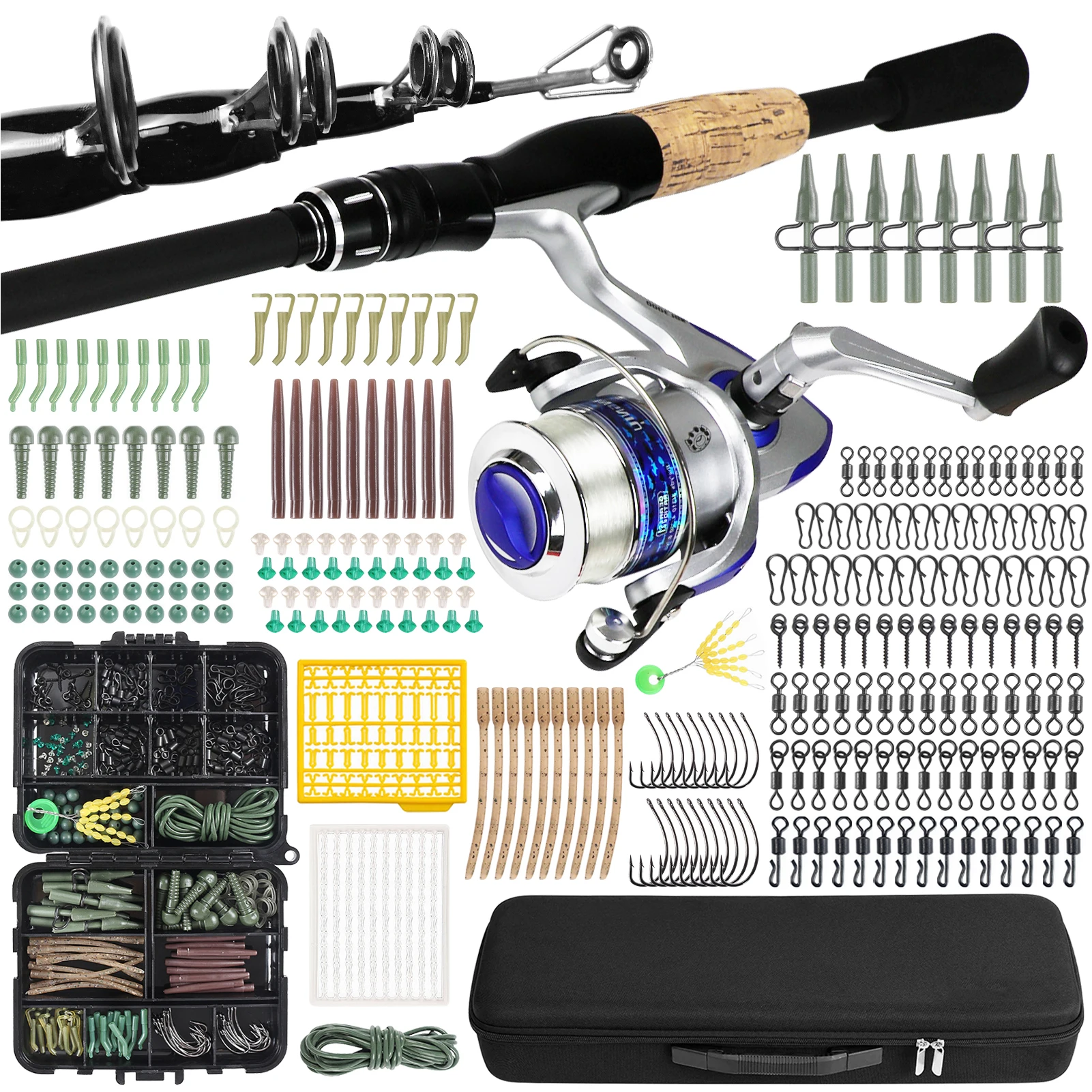 296pcs/Lot Carp Fishing Rod Reel Combo 2.1m Telescopic Pole 5.5:1 Spinning Reels Swivels Snaps Hooks Carp Fishing Tackle Bag