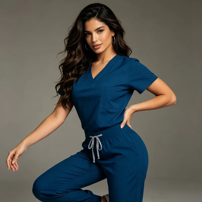 Women's Elastic Quick Dry Scrub Set V-Neck Top with Pockets & Drawstring Pants for Operating Room Comfort
