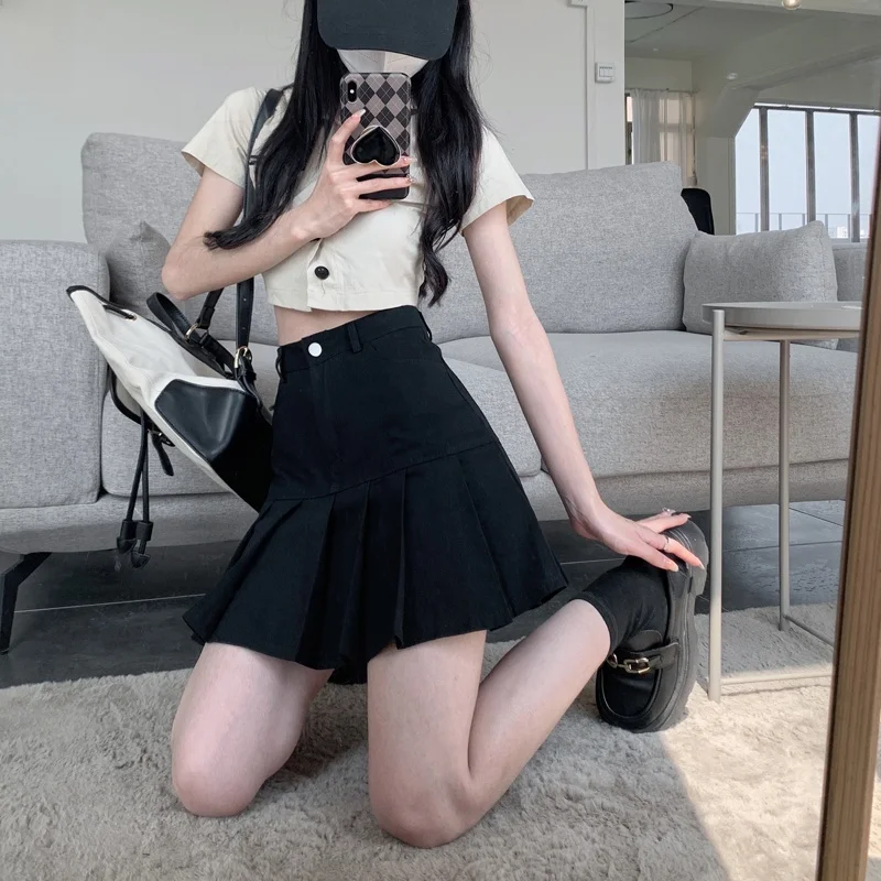 High Waist Denim  Skirt Women's Sli Slimming plus Size Pleated Wrap around a Line f Length Skirts for Autumn