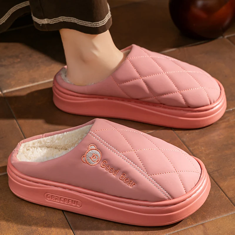 

Водонепроницаемые домашние тапочки из искусственной кожи для пар, зимние удобные домашние тапочки на толстой подошве, теплые плюшевые женские шлепанцы