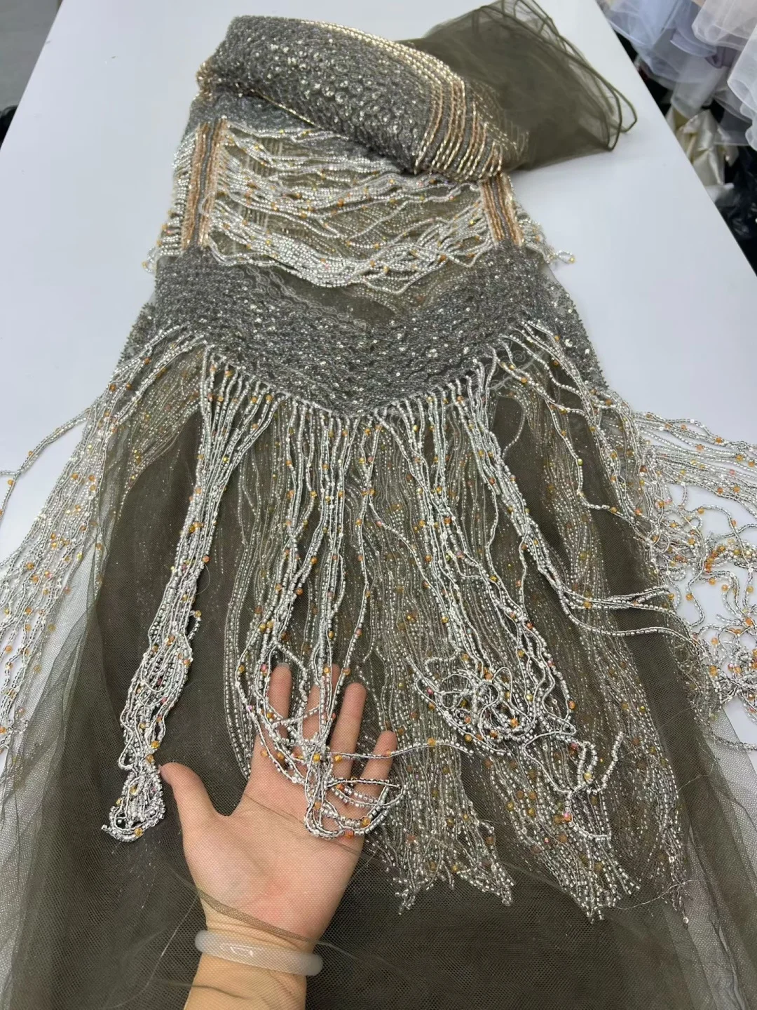Latest 2026 African tassels lace Nigerian France Hot Sale Tulle Lace Fabric With Beads Sequins High End for Bride Wedding Party