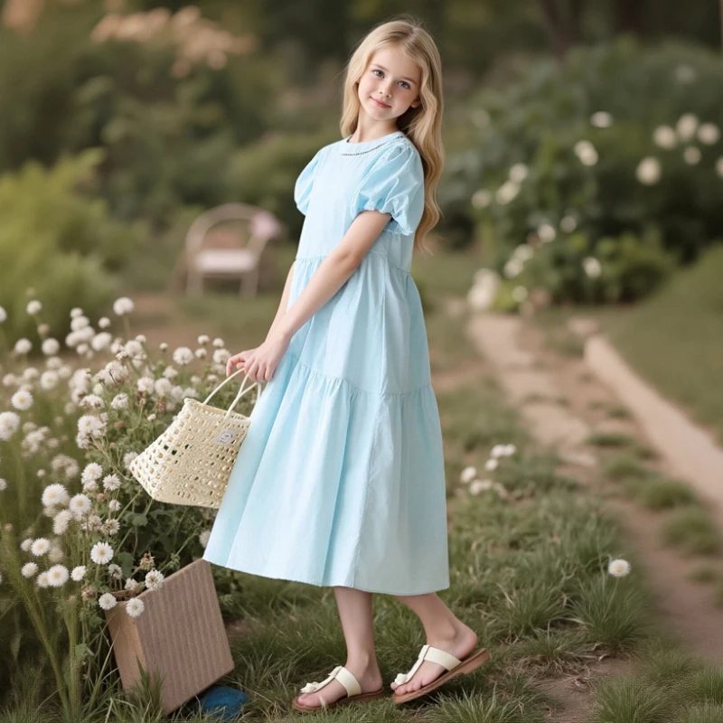 

Girls Light Blue Tiered Midi Dress Puff Sleeve Hollow Neck A-Line Casual Sundress for Kids 6-14Y Breathable Cotton Summer Dress