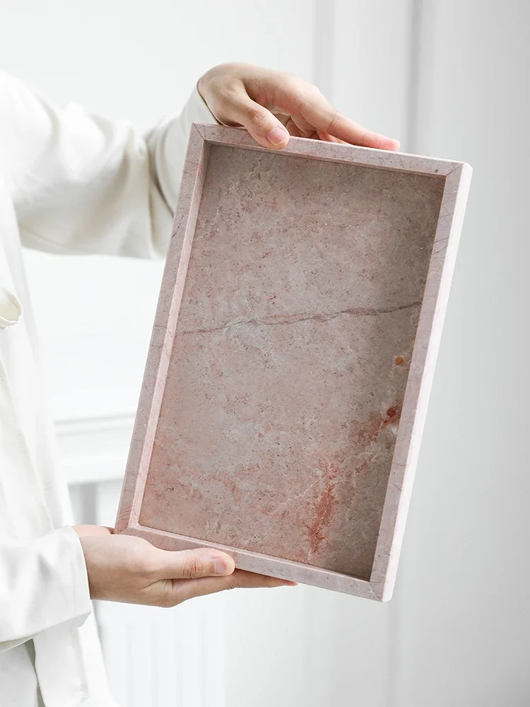 Pink Natural Marble Storage Tray for Candles Perfume Jewelry Genuine Stone Vanity Tray for Bathroom Counter Dresser Home Decor