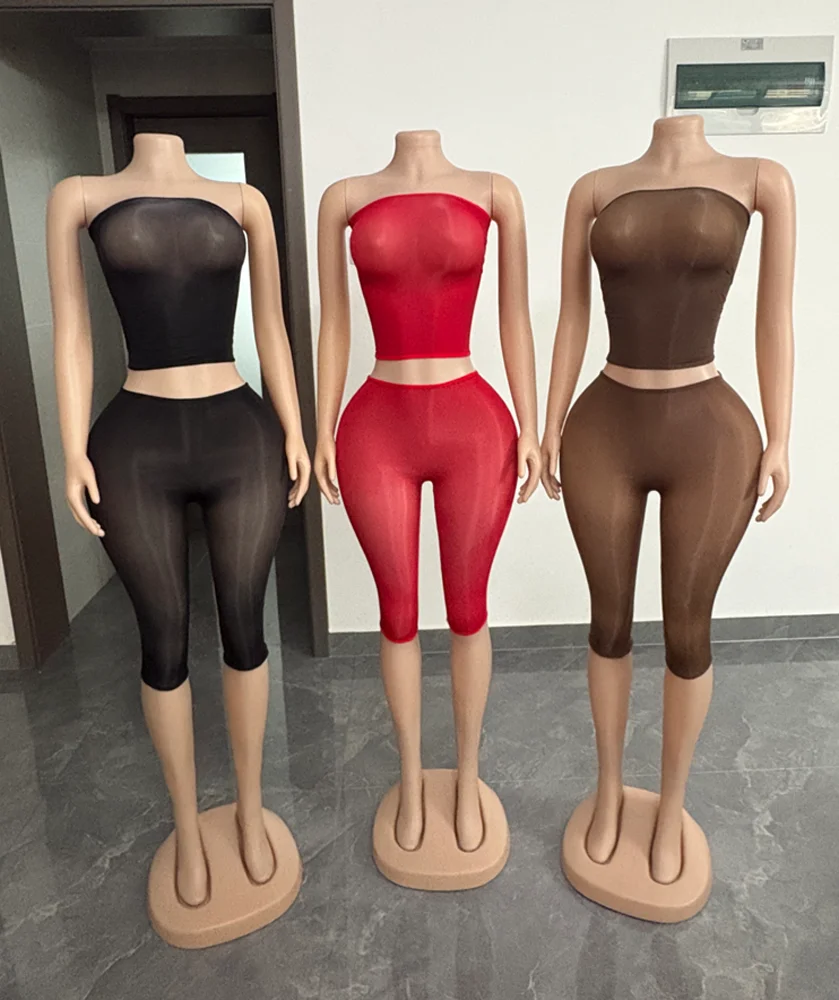 2026 Summer Hot Sale Women Sexy Stretchy Sleeveless 2 Piece Tube Mesh See Through Top Cpari Set Night Club Matching Outfit Sets