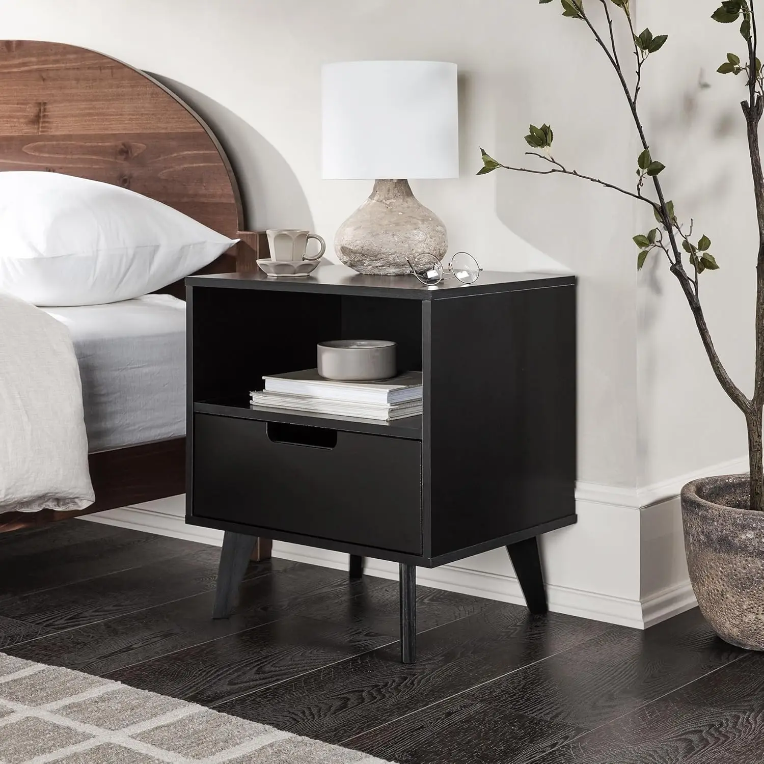 Raelyn Mid-Century Modern 1-Drawer Nightstand, 20 Inch, Black