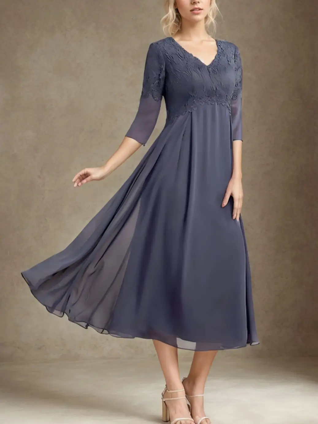 

Elegant A-Line Mother of the Bride Dress V Neck Tea Length Chiffon 3/4 Sleeve Ruffles Appliques Plus Size 2025 Free Customized