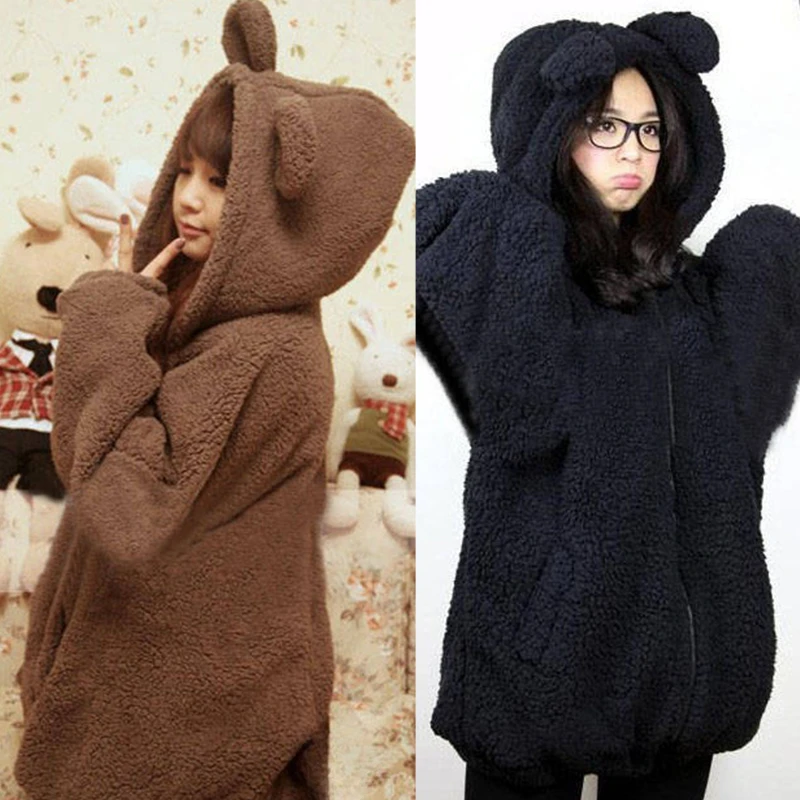 

Plush Sweater with Ears Tail Korean Warm Women's Zipper Hoodie Solid Color 2024 New Fluffy Fleece Cute Oversized Hoodie Bear