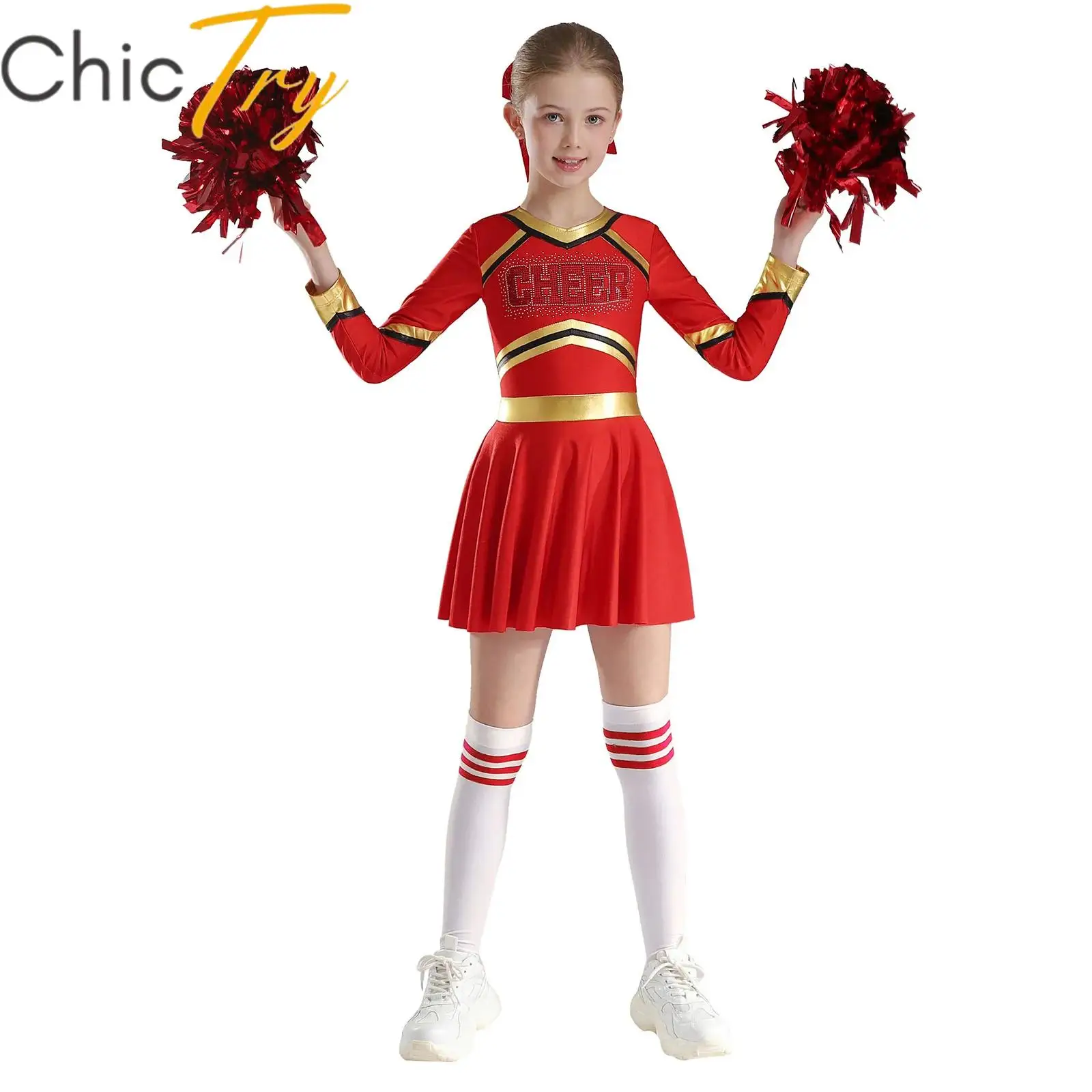 Roupas uniformes de torcida para meninas, Cheer Leader Sports Competition, Vestido de festa com chapéu, Meias de flores para crianças