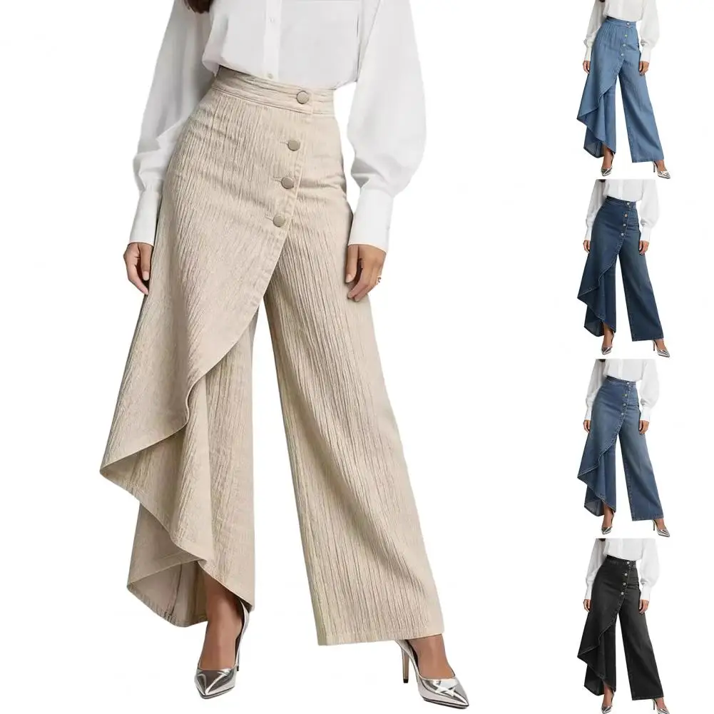 Y2KPants Spring Summer Fashion Long Solid Color Casual Buckle Loose Wide Leg Pants Women Trousers Faux Denim