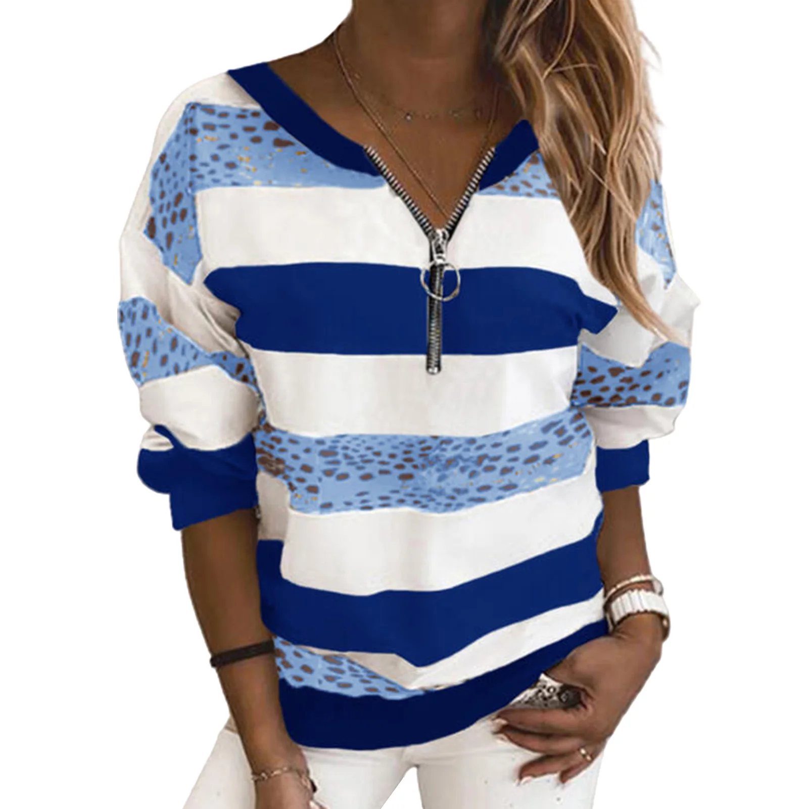 2024 Hot Selling Autumn/Winter V-neck College Style Casual Stripe Print Pullover Loose Zipper Sweater