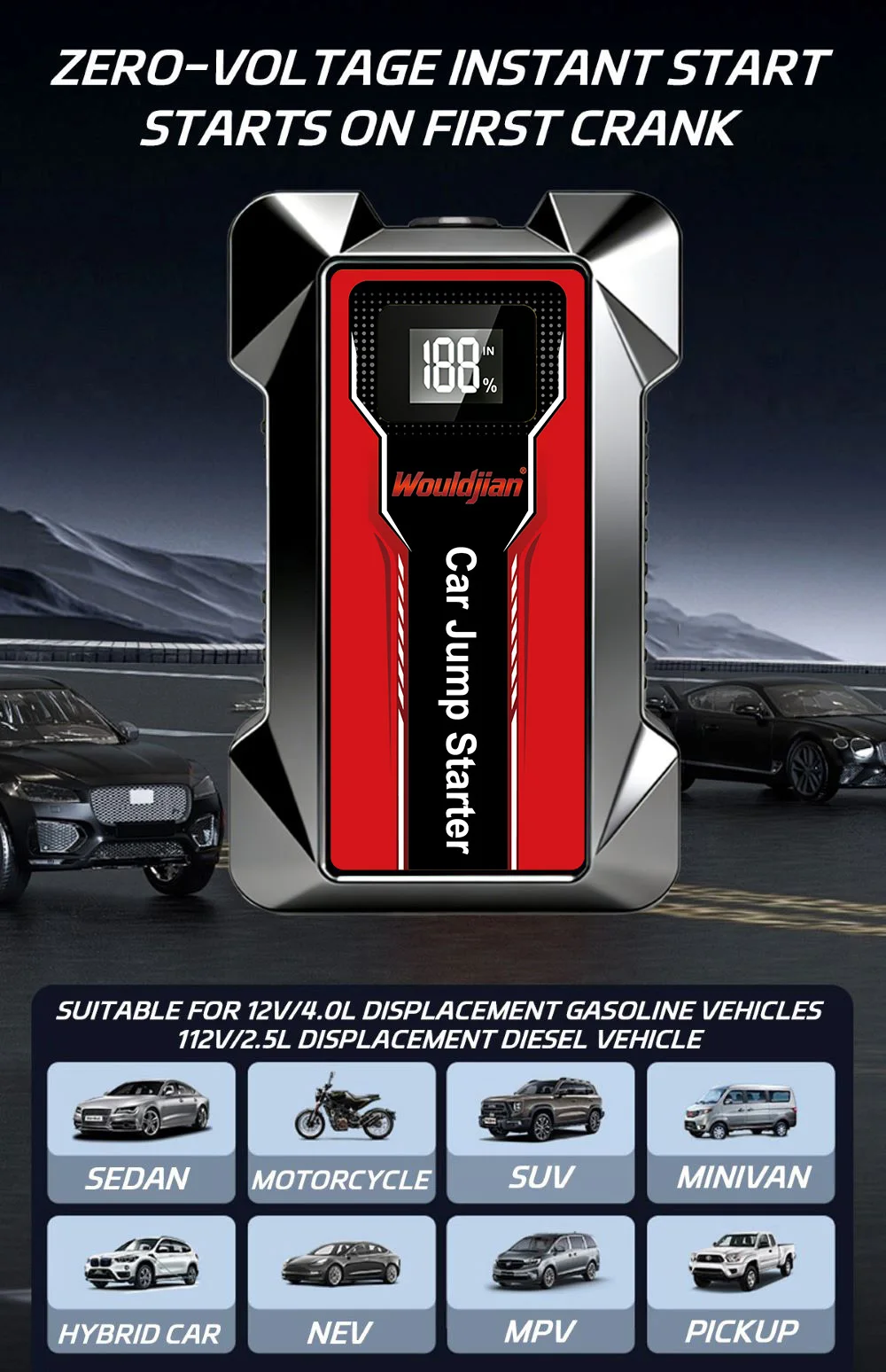 12V Portable Jump Starter Power Bank, Fast Charging with Emergency LED Light, Car Battery Booster for Petrol Diesel Auto SUV