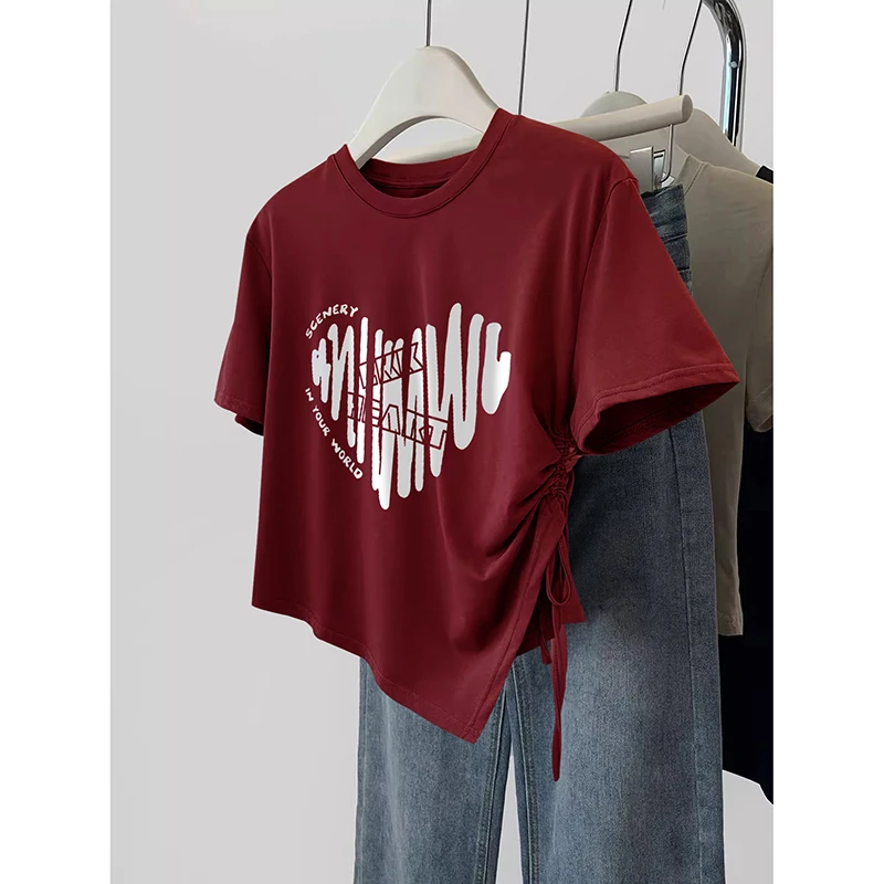 Slim Fit Dopaamine Short Sleeve T-Shirt for Women Shoulder Width Regular Korean Style Print Design Summer Top Casual Wear