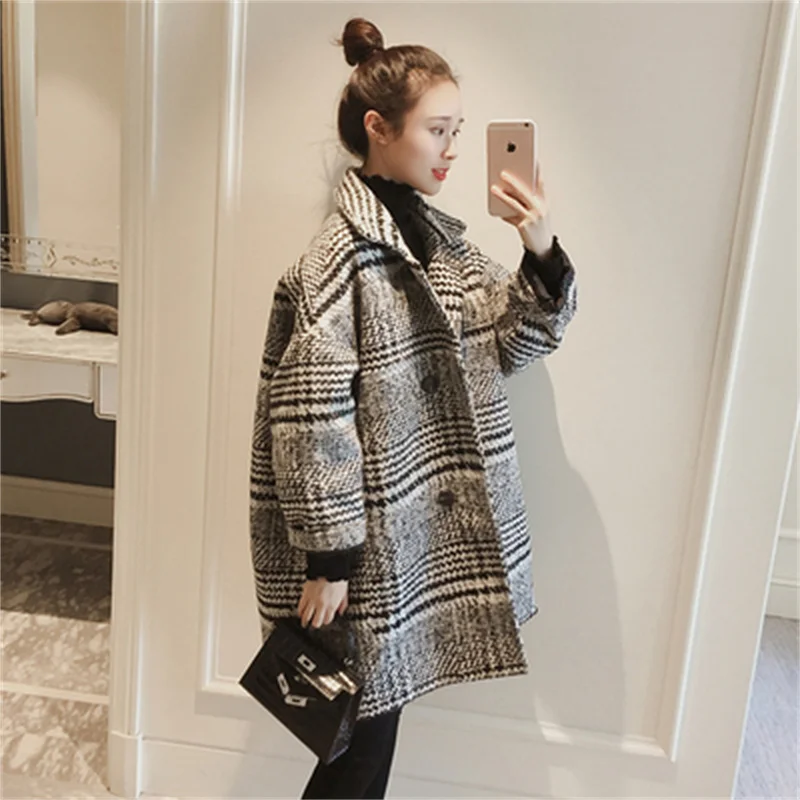 Houndstooth Woolen Coat Women's Mid-length Autumn and Winter Wear 2022 New Korean Fan Thickened Top Popular Women's Woolen Coat