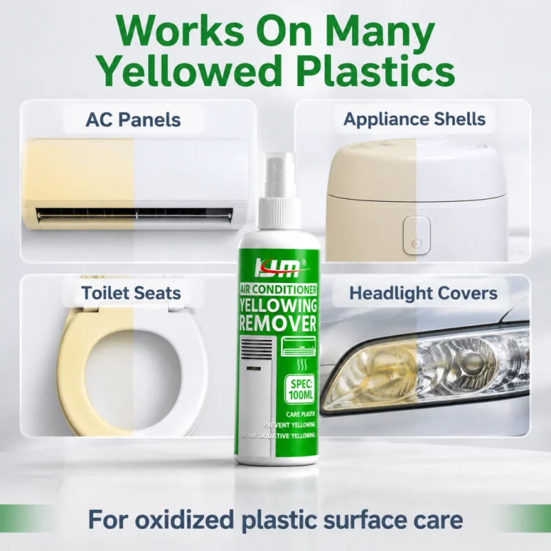 KJM 100ML Plastic Yellowing Restorer Spray for AC Panels Car Headlight Shell Bathroom Plastic Surface Refurbish Cleaner