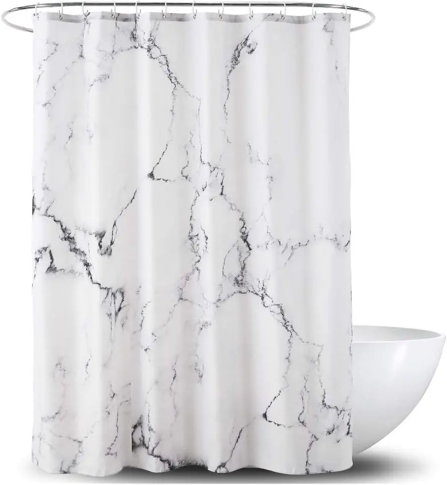 

Marble Bathroom Shower Curtain Grey White Fabric with Hooks 72x72 Inches