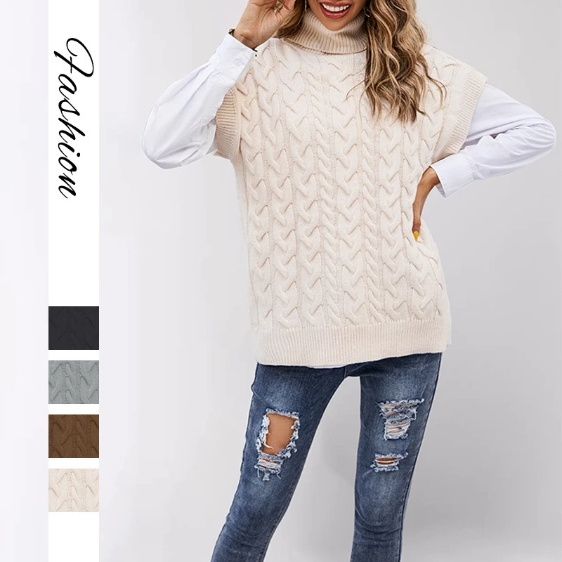 

Fashion Sleeveless Button Rope Vest Knitted Loose Fitting Pullover High Neck Sweater for Women