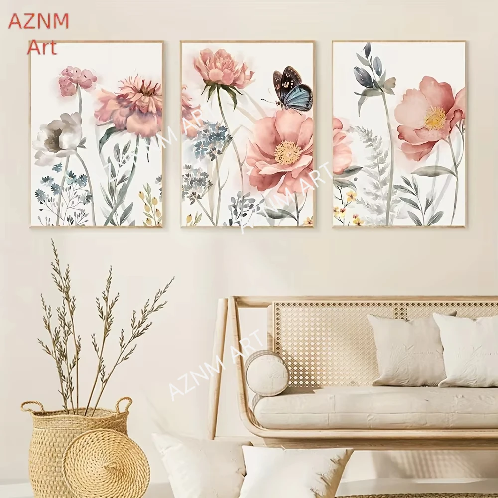 1/3PCS, Nordic Rosa Blume Wand Kunst Leinwand Malerei Drucke Botanische Poster für Schlafzimmer Bauernhaus Wohnzimmer dekorative Bild