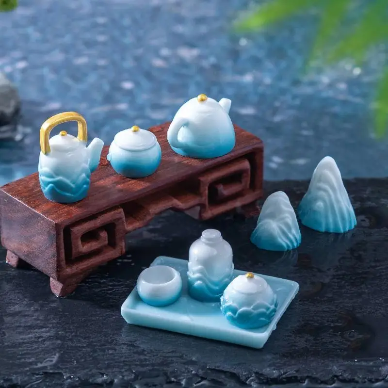 9Pcs Decorative Ink Landscape Tea Set Mountain Figurine Mini Ornament for Fairy Garden Dollhouse Party Scene Layout